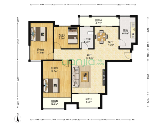 置地公馆 3室2厅1卫 134平方
