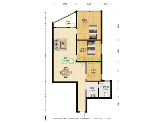 国安大厦 3室1厅1卫 105平方