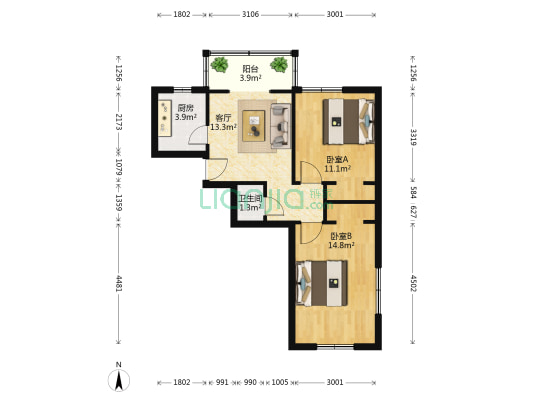 一环路南二段9号 2室1厅1卫 61平方