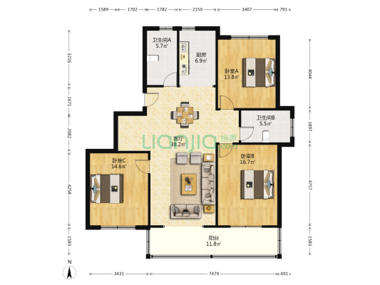 银洋河公寓 3室1厅2卫 217平方