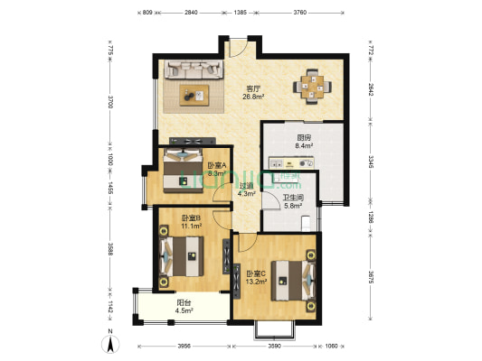 贰号大院 3室1厅1卫 111平方