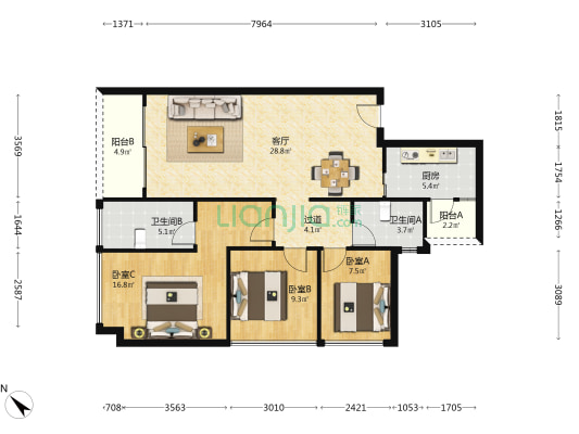 京基水贝三期(城市广场) 3室1厅2卫 111平方