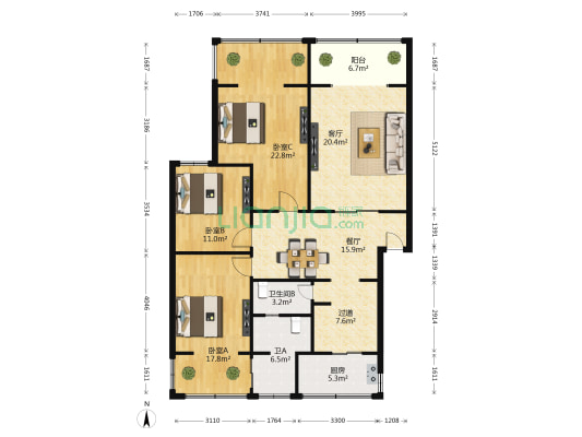 科联街1号 3室2厅2卫 125平方