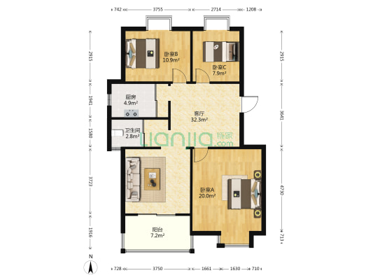 广汇花园 3室1厅1卫 110平方