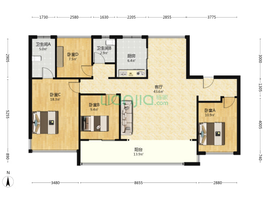 信达督府天承北区 4室1厅2卫 140平方