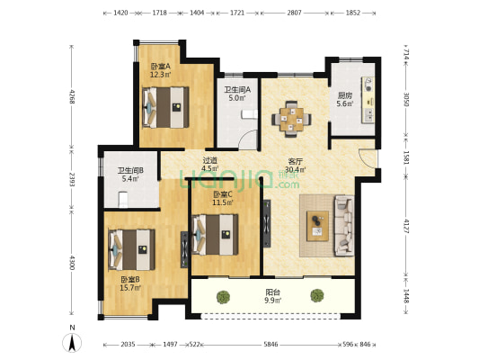 金禧悦城 3室1厅2卫 125平方