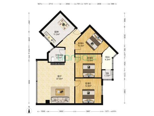 燕塘广场 3室1厅2卫 109平方