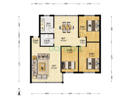 锦南新村 3室2厅1卫 104平方