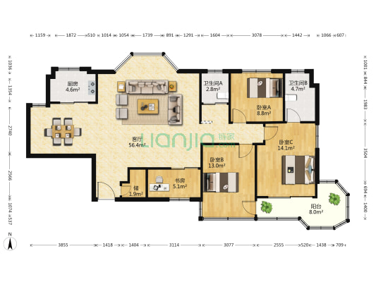 鸿基花苑 4室1厅2卫 156平方