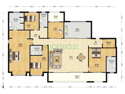珹上润府 5室1厅4卫 254平方