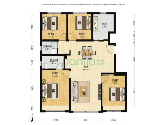 中海首开湖光玖里 4室1厅2卫 135平方