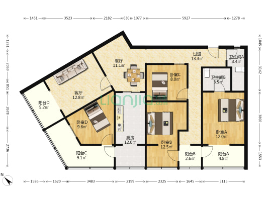 星辉西路14号 4室2厅2卫 138平方