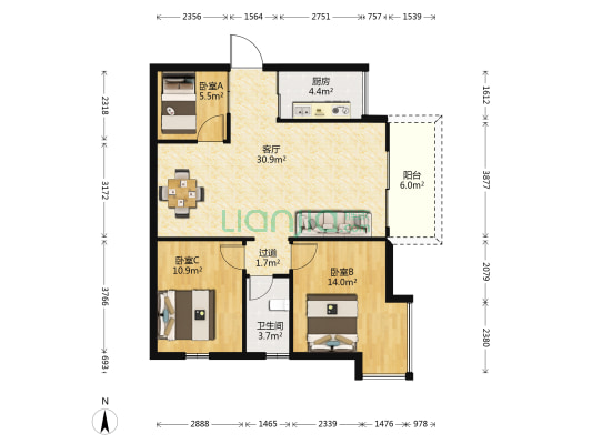 宏海花园 3室1厅1卫 86平方
