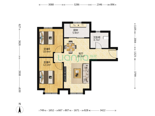 暖塘·欣康苑 2室1厅1卫 88平方