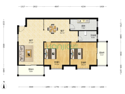 东方风情 2室2厅1卫 121平方