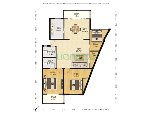 华龙家园 3室2厅2卫 118平方