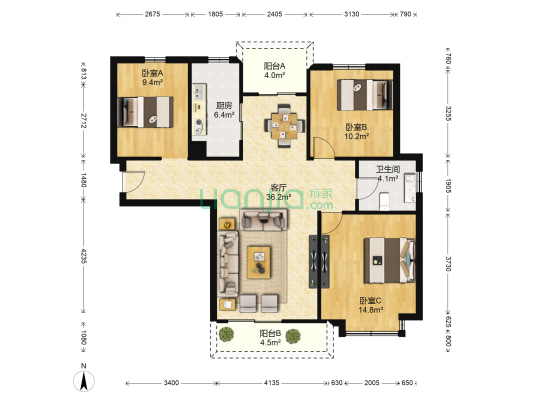 幸福天地二期 3室1厅1卫 114平方