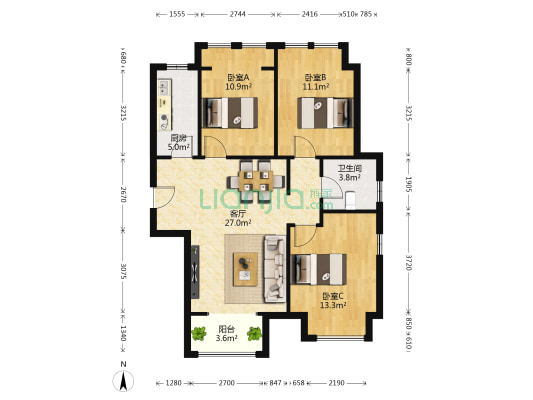 格林郡府D区 3室1厅1卫 97平方