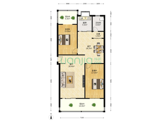神兴小区 2室2厅1卫 128平方
