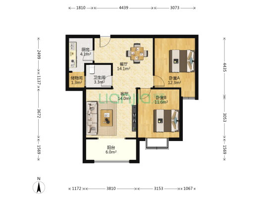 恒和花园 2室2厅1卫 88平方
