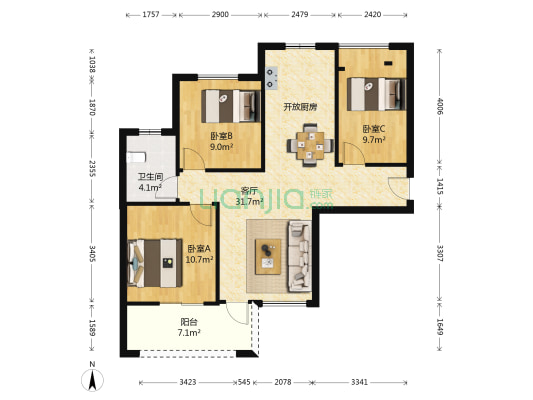 保利公园九里 3室1厅1卫 95平方