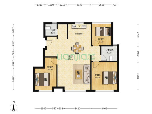 万达公园润园 3室1厅2卫 95平方