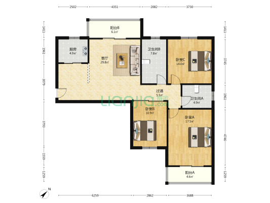 三角花园刘家河小区 3室1厅2卫 136平方