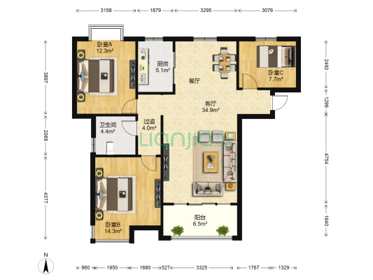 九龙湖花园一区 3室1厅1卫 120平方