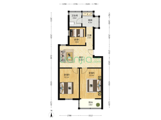 粮食集团宿舍 3室1厅1卫 72平方