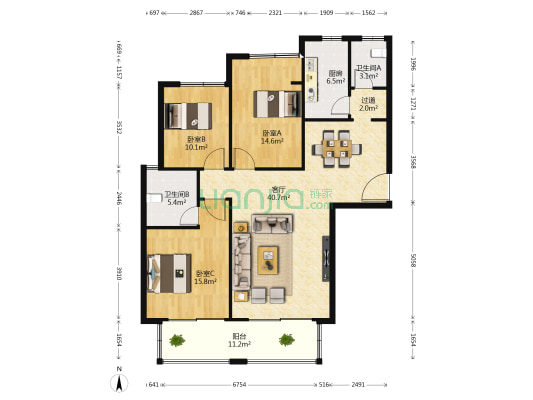 八方小区C区 3室1厅2卫 139平方