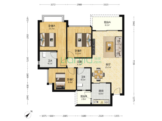 恒大滨河左岸 3室1厅2卫 108平方