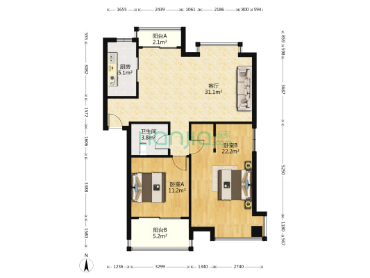 大树花园二期 2室1厅1卫 92平方