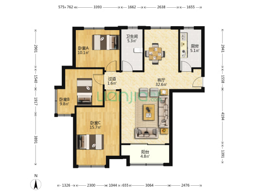 绿地泉景园二期 3室1厅1卫 111平方