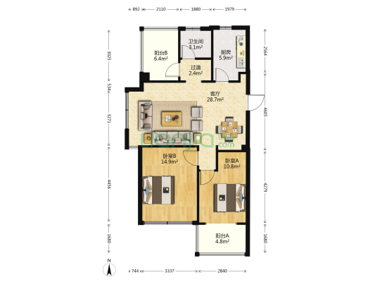 亚东观樾 2室1厅1卫 93平方