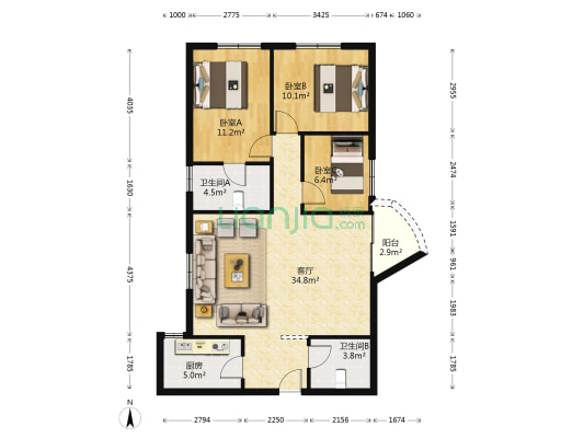 莲富大厦 3室1厅2卫 105平方