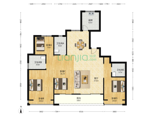 南扬名园 4室1厅3卫 164平方
