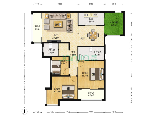 第三城紫曼园 3室1厅2卫 116平方