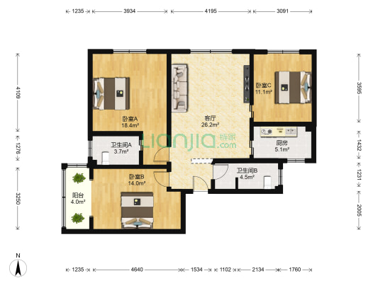 金茂小区 3室1厅2卫 122平方