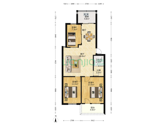 新港小区 3室1厅1卫 96平方