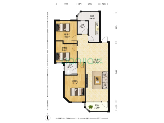 海秀苑 3室1厅2卫 96平方