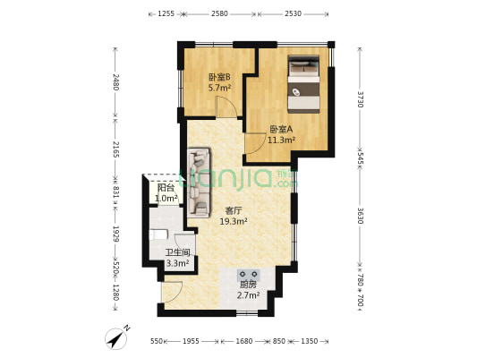 东骏朗晴居 2室1厅1卫 53平方