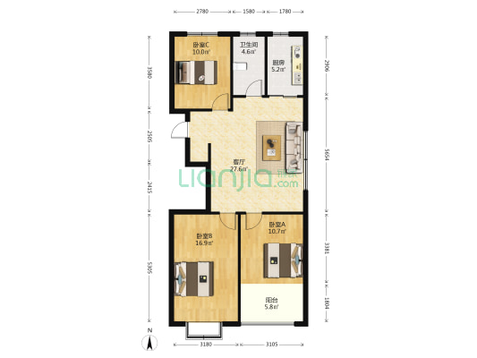恒信君悦世家 3室1厅1卫 109平方