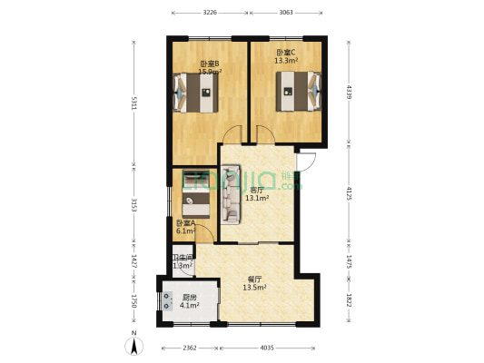 天津街 3室2厅1卫 64平方