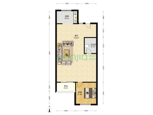 K2狮子城北区 1室1厅 南 北-户型图