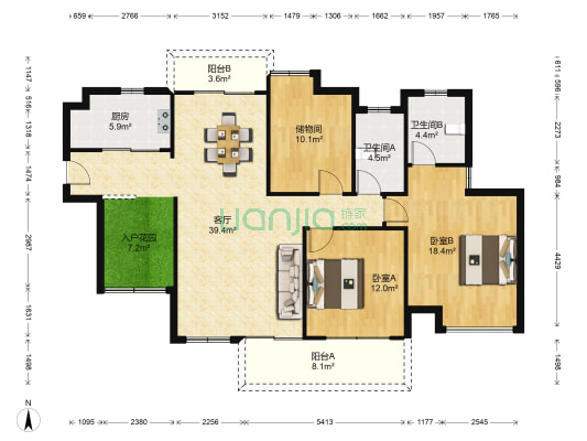 海惠花园二区 2室1厅2卫 124平方