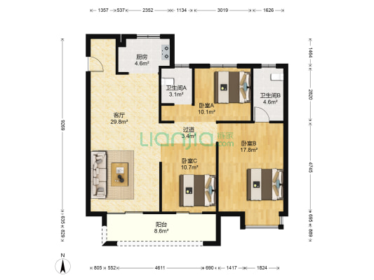 中南世纪城十二期悦城 3室1厅2卫 124平方