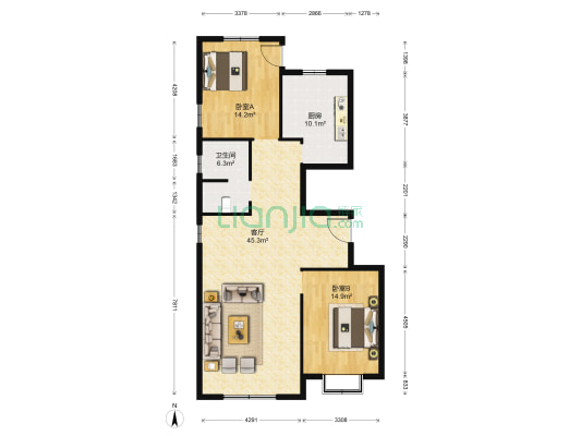 嘉业名铸 2室1厅1卫 134平方