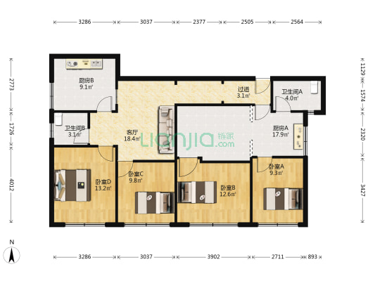 温州公寓 4室1厅2卫 129平方