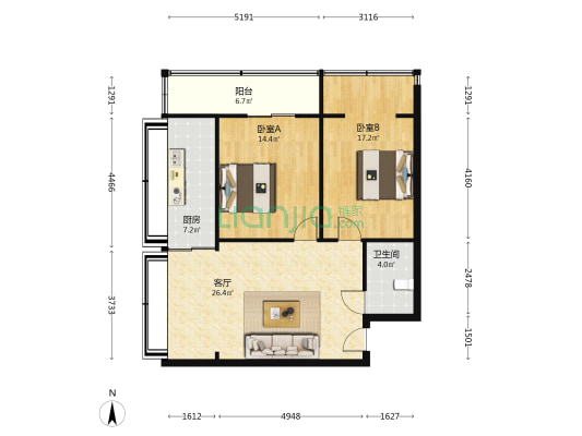 庄浪路414号 2室1厅1卫 77平方