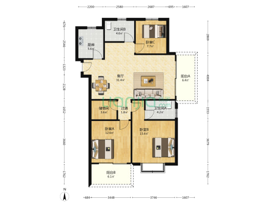 藏珑谷山庄 3室1厅2卫 121平方
